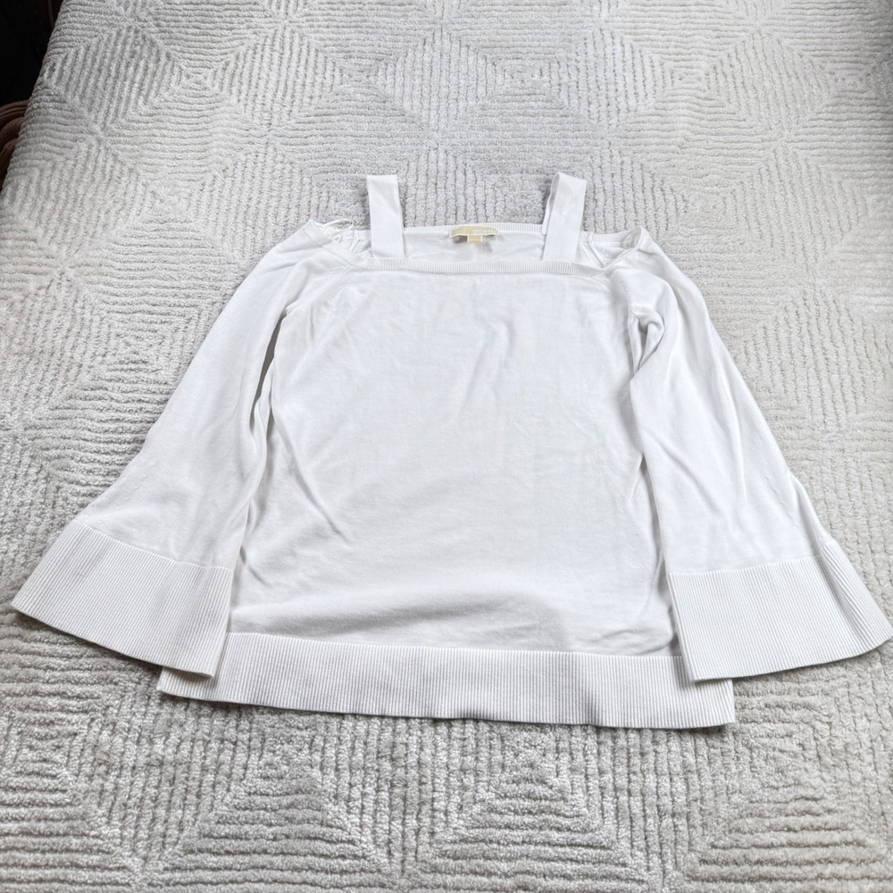Michael Kors Cold Shoulder Sweater Womens XL White Bell Sleeve Top Quiet Luxury